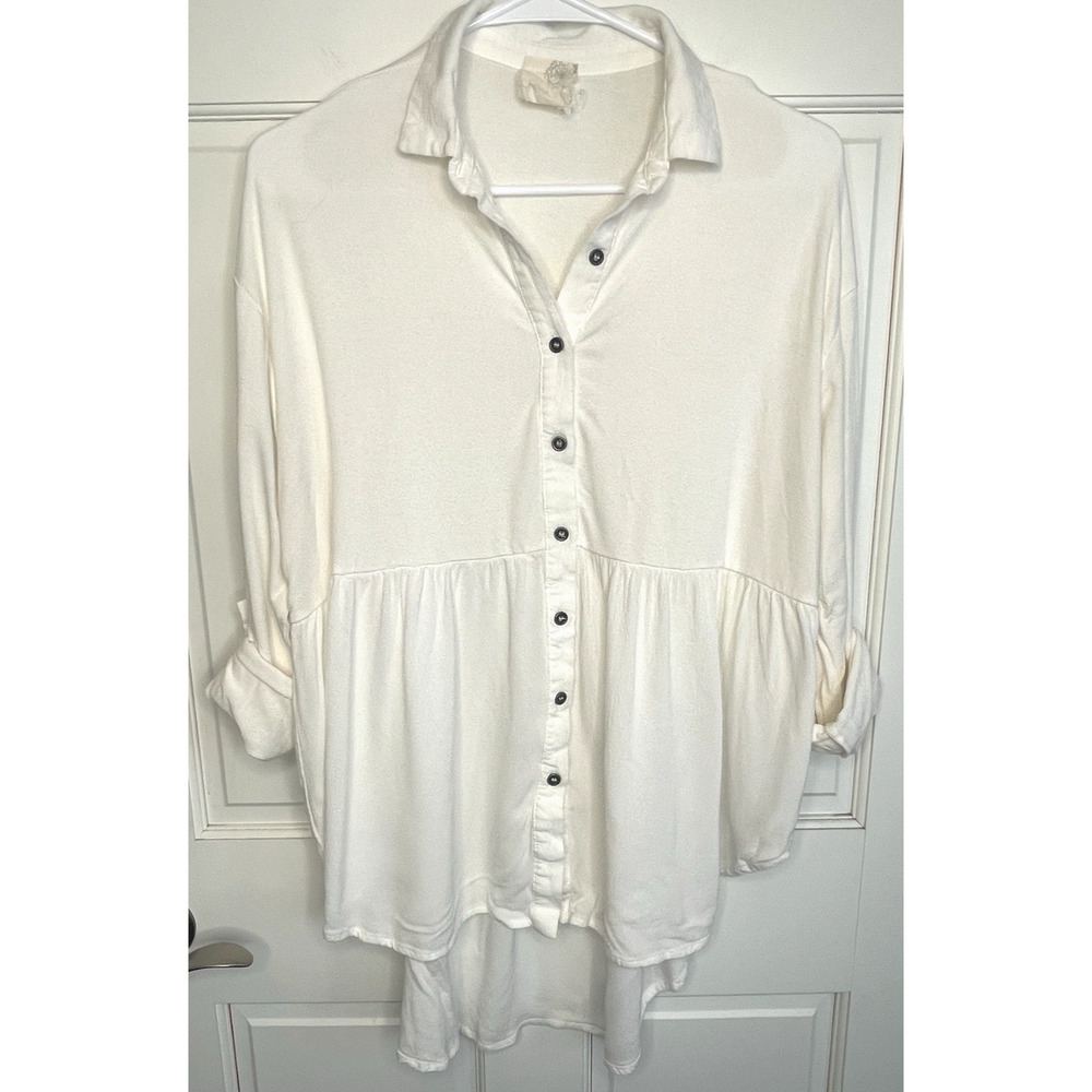 Anthropologie Everleigh Boho Button-Up Blouse High-Low Hem Sz M Roll Tab Sleeve